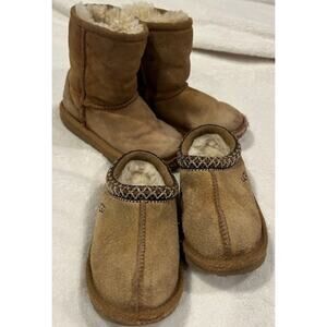 UGG Bundle of 2 Chestnut Suede Classic Boots & Tasmun Slippers Toddler Size 8